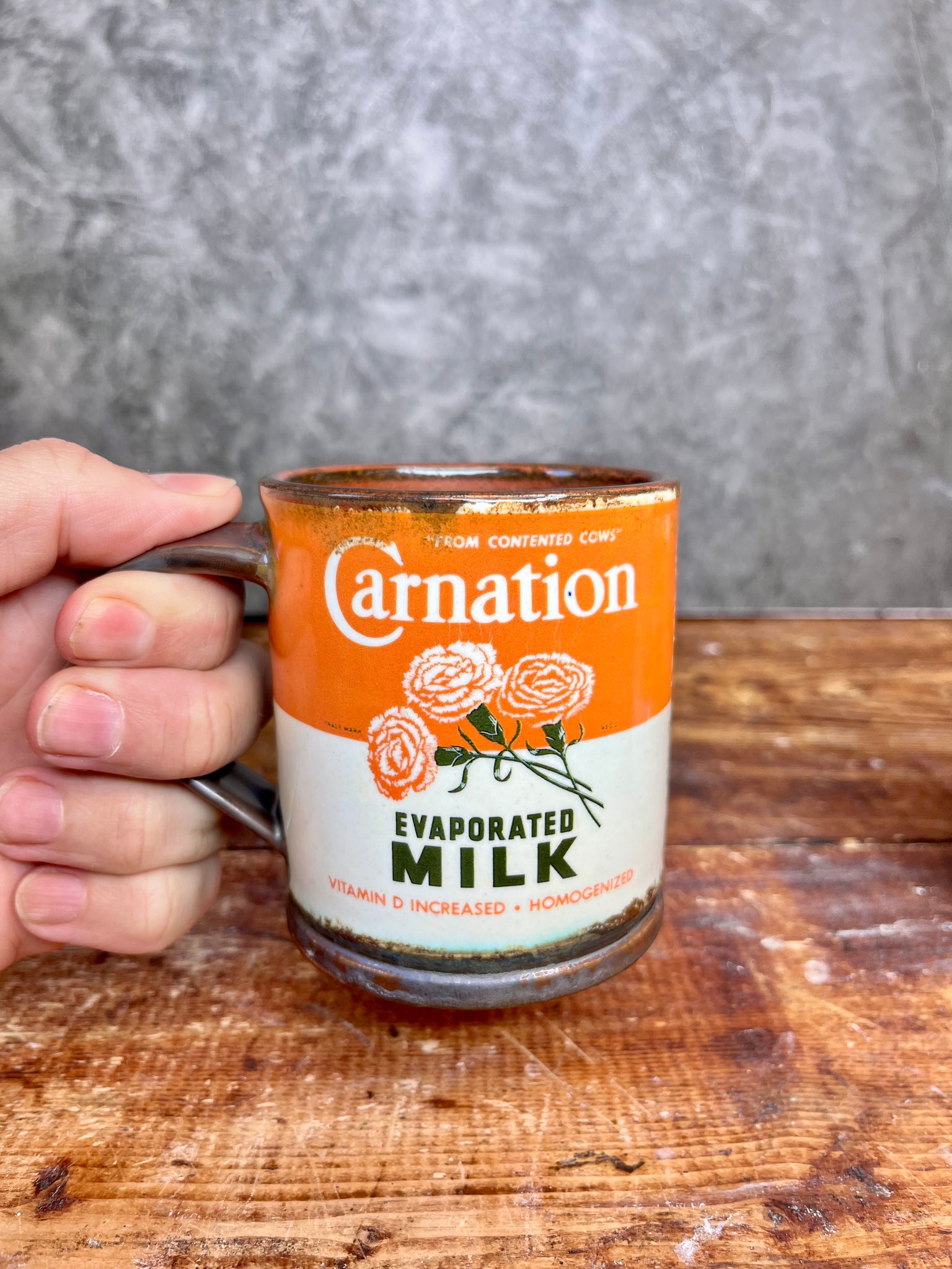 Vintage Carnation Milk Pottery Mug – Handmade with Nostalgic Charm
