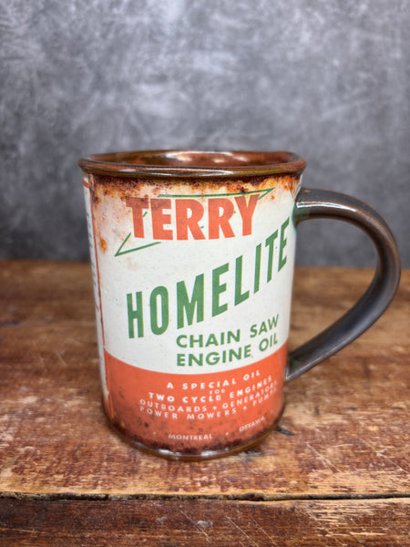 Terry Homelite Chain Saw Engine Oil Can Label Mug