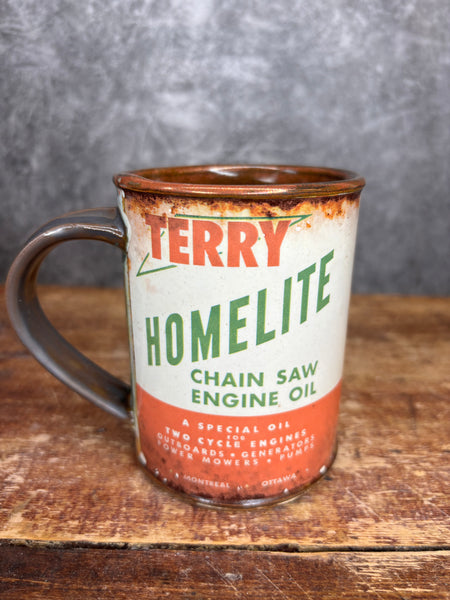 Terry Homelite Chain Saw Engine Oil Can Label Mug